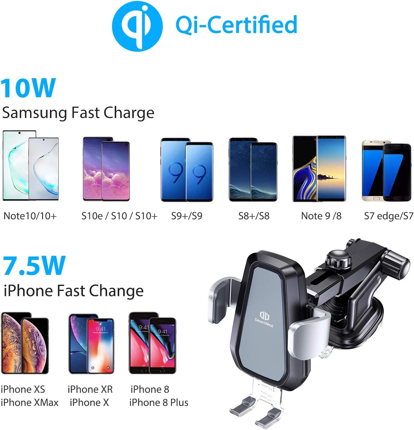 DesertWest Wireless Car Charger Mount, Automatic Clamping 10W Qi Fast Charging Car Phone Holder Dashboard Air Vent Compatible Samsung Galaxy S10/S10+/S10e/S9/S9+/S8/S8+, iPhone X/XS/XS Max