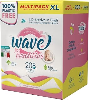 Wave Washing Sensitive – Das Waschmittel in Tuchform – 100% PLASTIKFREI – Multipack XL – 208 Wäschen - Ökologisch - Biologisch Abbaubar - Kompostierbar