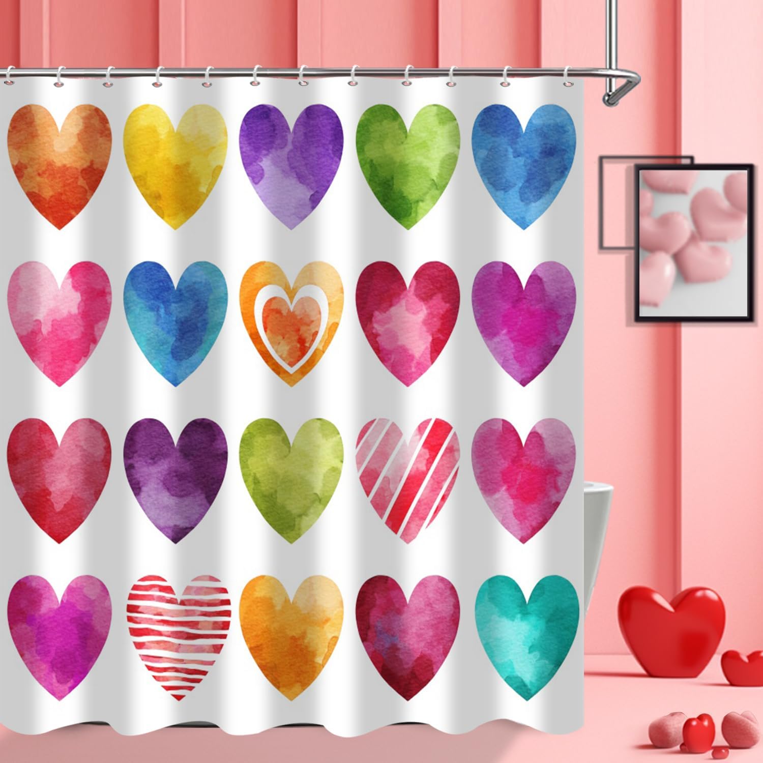 Valentine's Day Shower Curtain Colorful Loving Hearts Romantic Theme Bathroom Curtains Valentines Waterproof Fabric Bathtub Curtains Set with Hooks 72"x78"