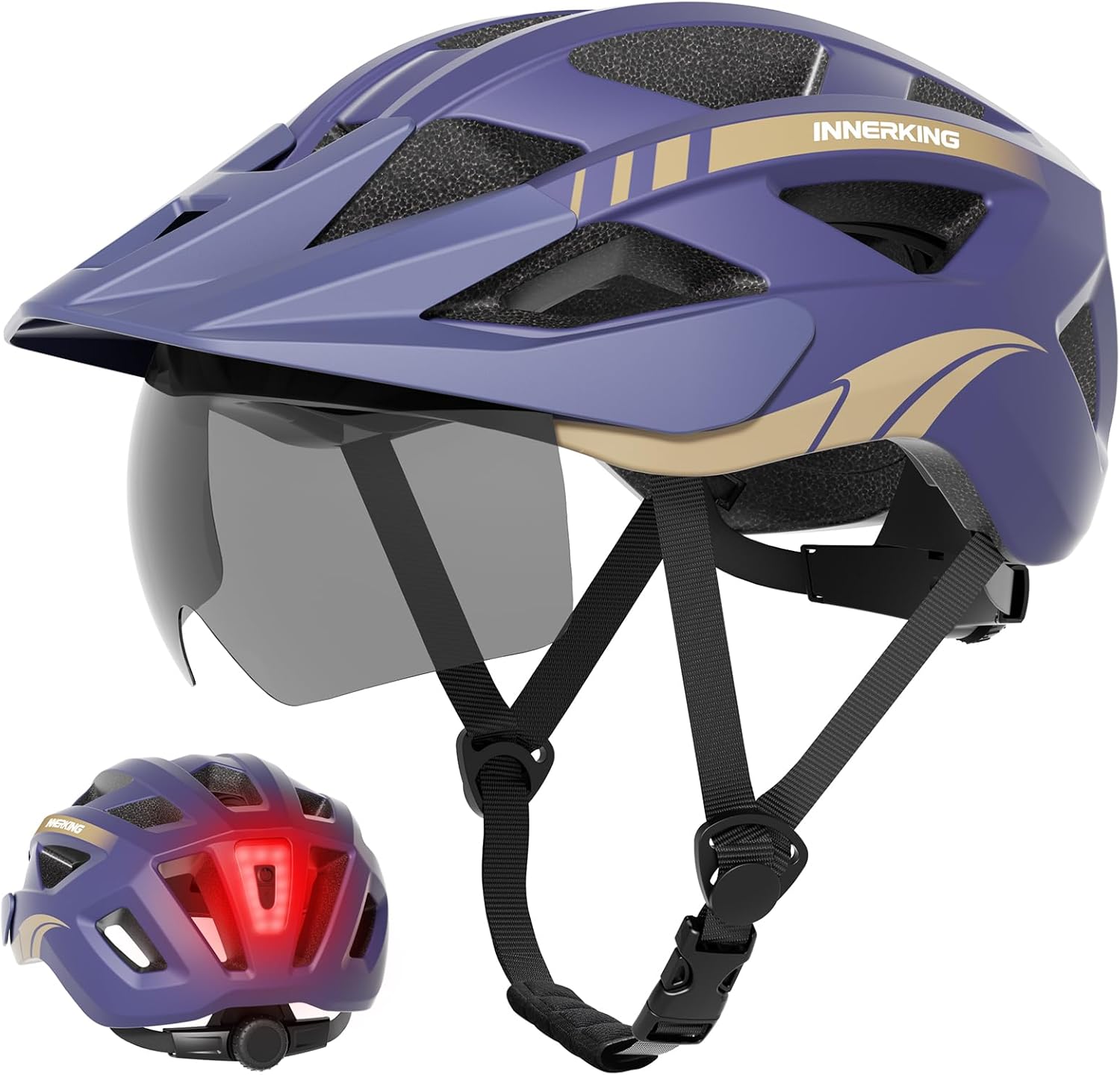 InnerKing Bike Helmet for Adults, Lightweight Mountain Bicycle Helmet with USB Rechargeable Rear Light Detachable Magnetic Goggles, Road Bike Helmet with Visor for Men Women