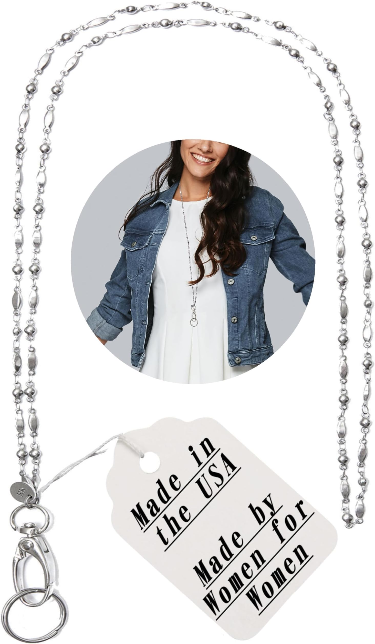 Hidden Hollow Beads Stainless Steel Chain Women's Lanyard, Stronger, USA, Nurse Teacher ID Badge Card Holder Keys (Non Breakaway - Stonger)