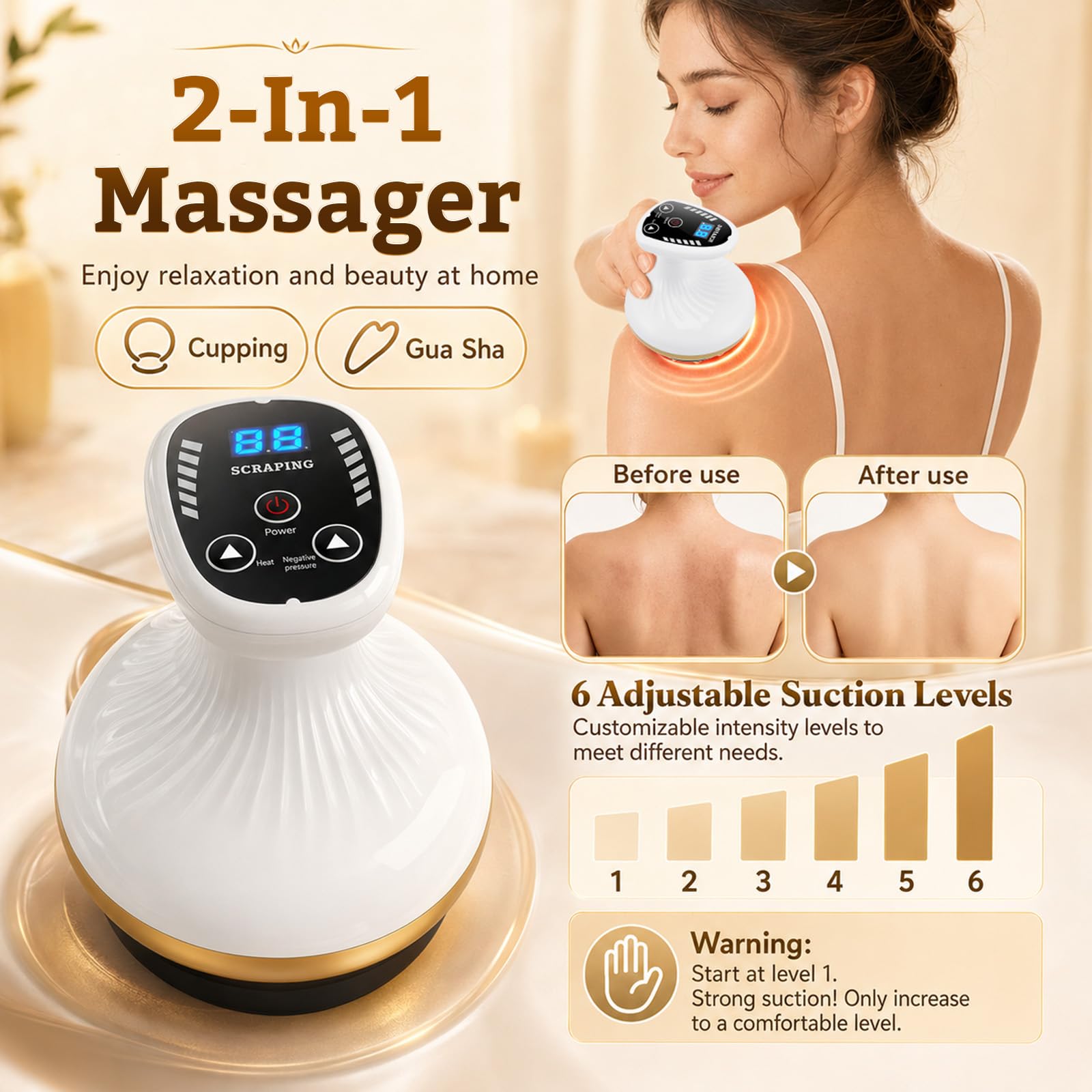 Masajeador anticelulítico 4-en-1, 6 Niveles de succión y 6 de Calor, Ventosa eléctrica con tecnología Gua Sha, promueve la circulación, Dispositivo de Celulitis portátil para Todo el Cuerpo