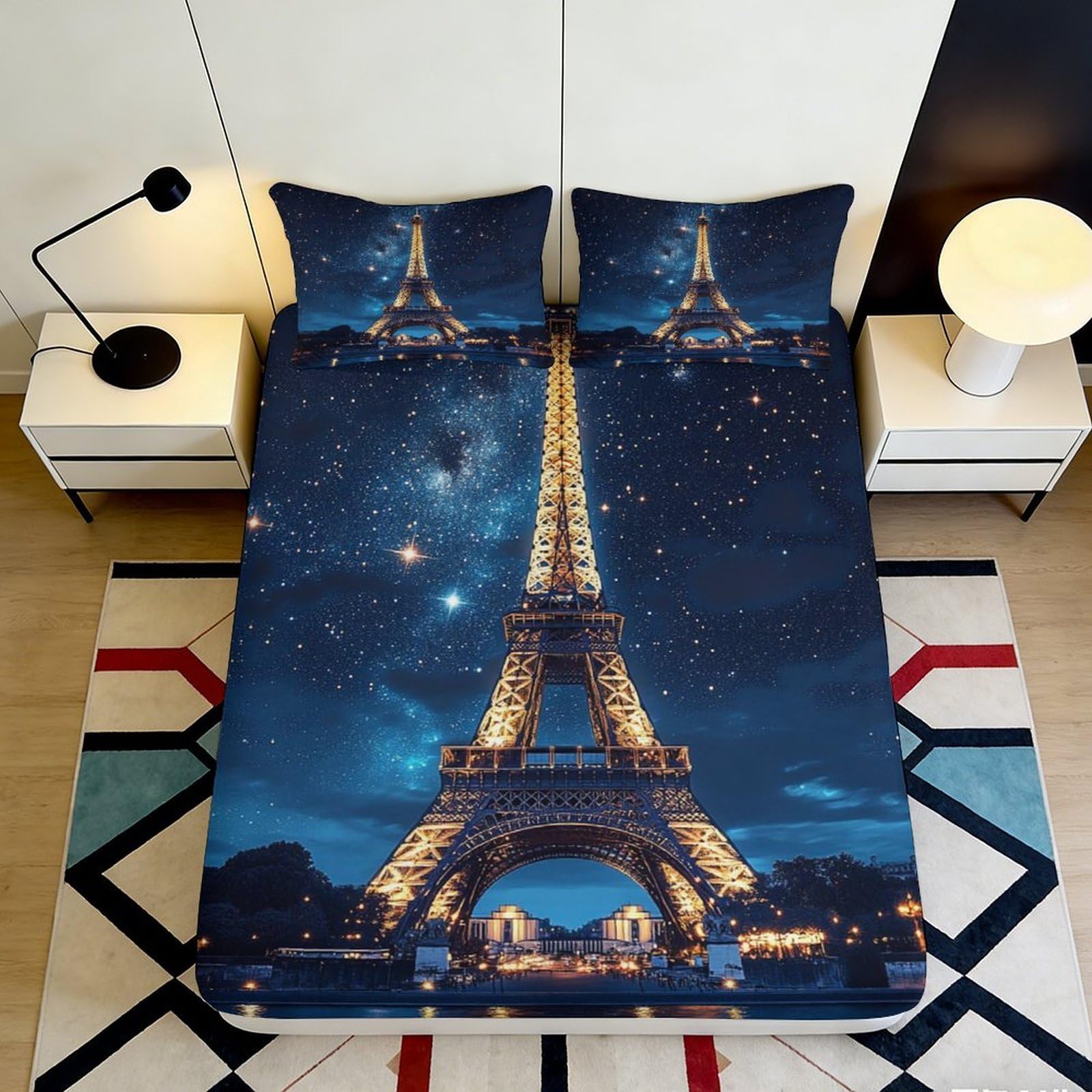 3D Printed Eiffel Tower Night Sky Fitted Sheet Microfiber Soft Breathable Starry Galaxy Mattress Cover for Bedroom Dormitory Guest Room Protection Decor 90x200x25cm