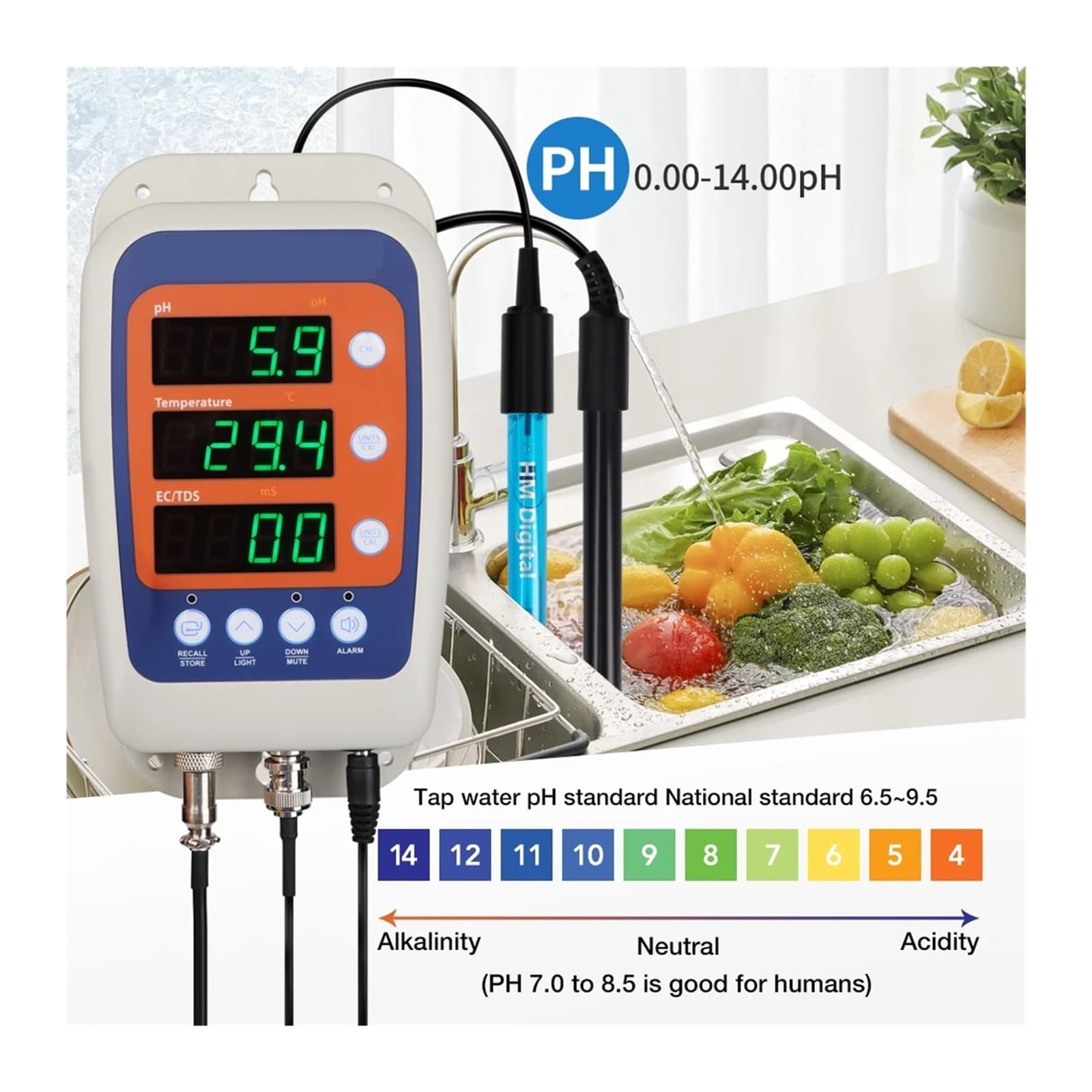 Testeur de qualité de l'eau 4 en 1, pH, température, EC, ORP, conductivité, détection hydroponique avec sonde à 2 électrodes -100