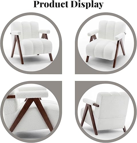 Miniatura 6 de Silla decorativa moderna de mediados de siglo con marco de madera maciza, sillas tapizadas Boucle para sala de estar con cojín grueso, cómoda silla