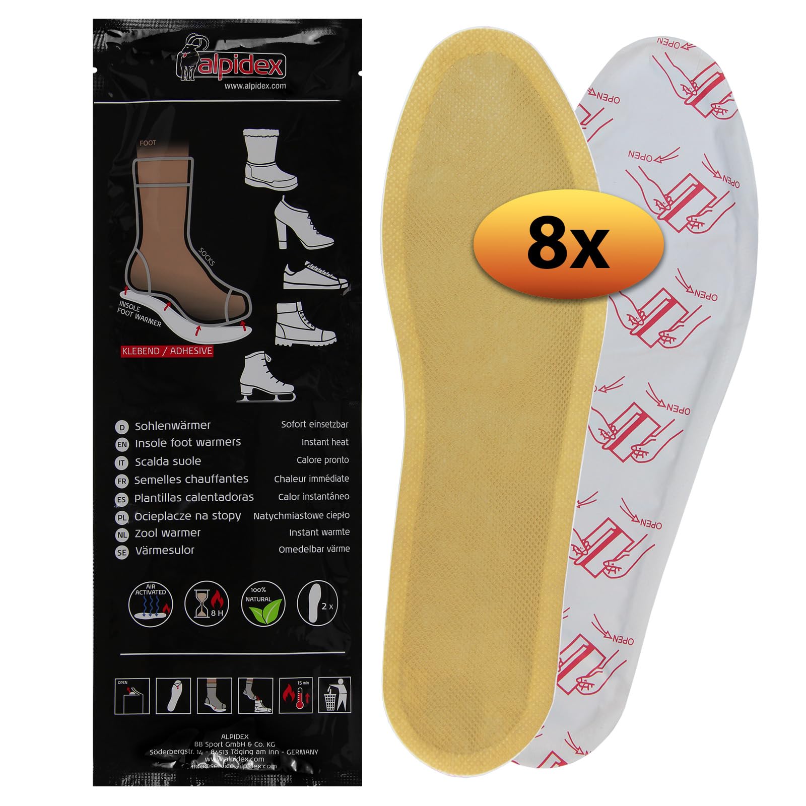 ALPIDEX Solette Riscaldanti Adesivo 8|15|30 Suole Termiche Coppia Scaldapiedi 8 Ore Piedi Caldi Scaldotto, Taglia:M|39-42, Colore:8 Paia