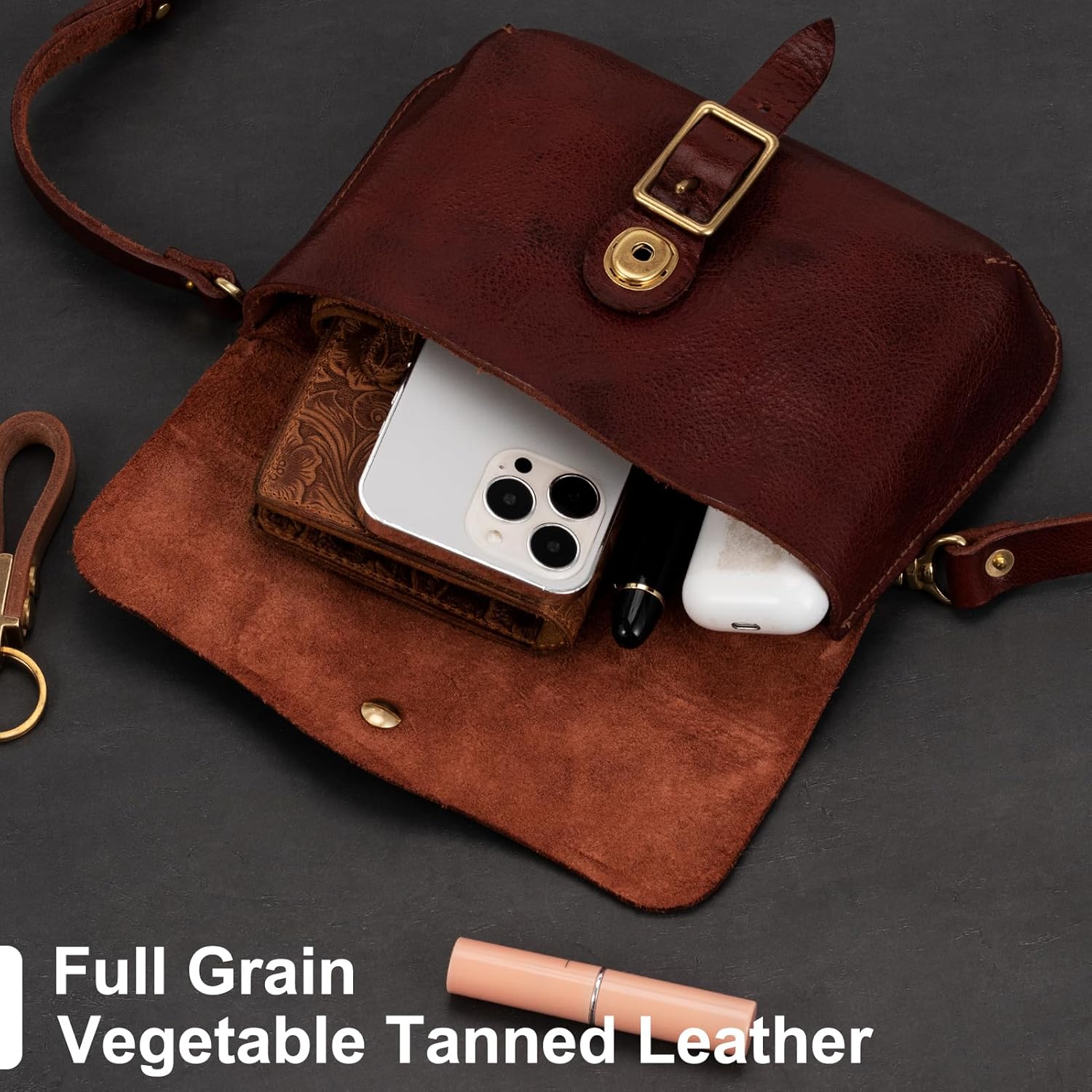 Genuine Leather Cross Body Bag for Women Men, Vegetable-Tanned Leather, Adjustable Strap,Pure Brass - Image 5