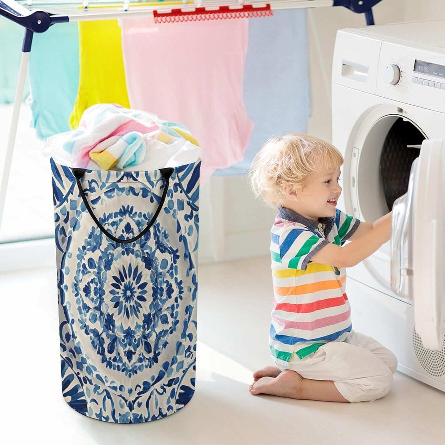 Blue And White Texture Laundry Hamper Large Capacity 15.7x27.2 Inch, Collapsible Dirty Clothes Basket with Handles, Foldable Storage Bin Laundry Basket for Bedroom Bathroom Dorm