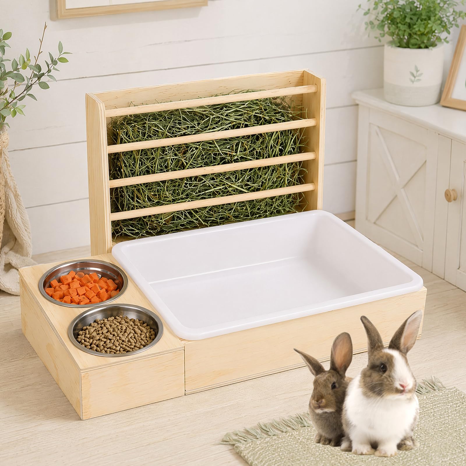 Mangeoire À Foin 3 en 1, Râtelier À Foin en Bois avec Bac À Litière Et Bols À Nourriture, 47 * 28 * 28cm Grand Râtelier À Foin, Distributeur De Foin pour Lapin pour Lapin, Hamster, Cochon d'Inde