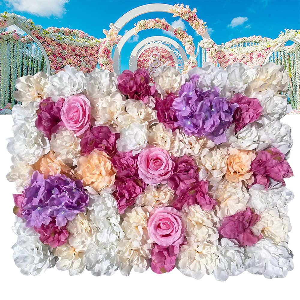 Rosenwand Künstliche Blumenwand 3D Blumen Kunstblumen Gefälschte Pflanzenwand 12 Stück Rosen Deko 40x60cm (Dahlie Rose‌ Hydrangea) - Rosa, Violett, Weiß
