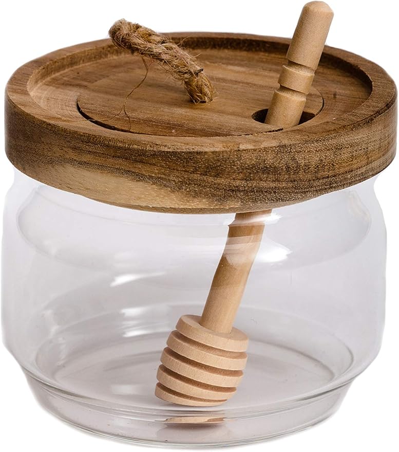 Honey Jar Pot Glass Holder Dispenser Set with Wooden Dipper Stick and Acacia Lid