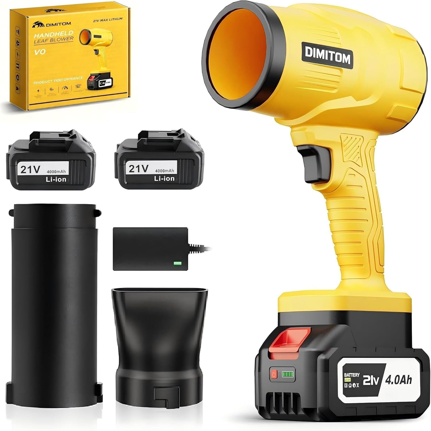 Soffiatore a Batteria 21V, 2x Batterie 4,0 Ah, 765 m³/h | 800,000 RPM Motore Brushless, 234 KM/h (65 m/s), 2 Ugelli, Velocità Variabile in Continuo per Giardino, Terrazza