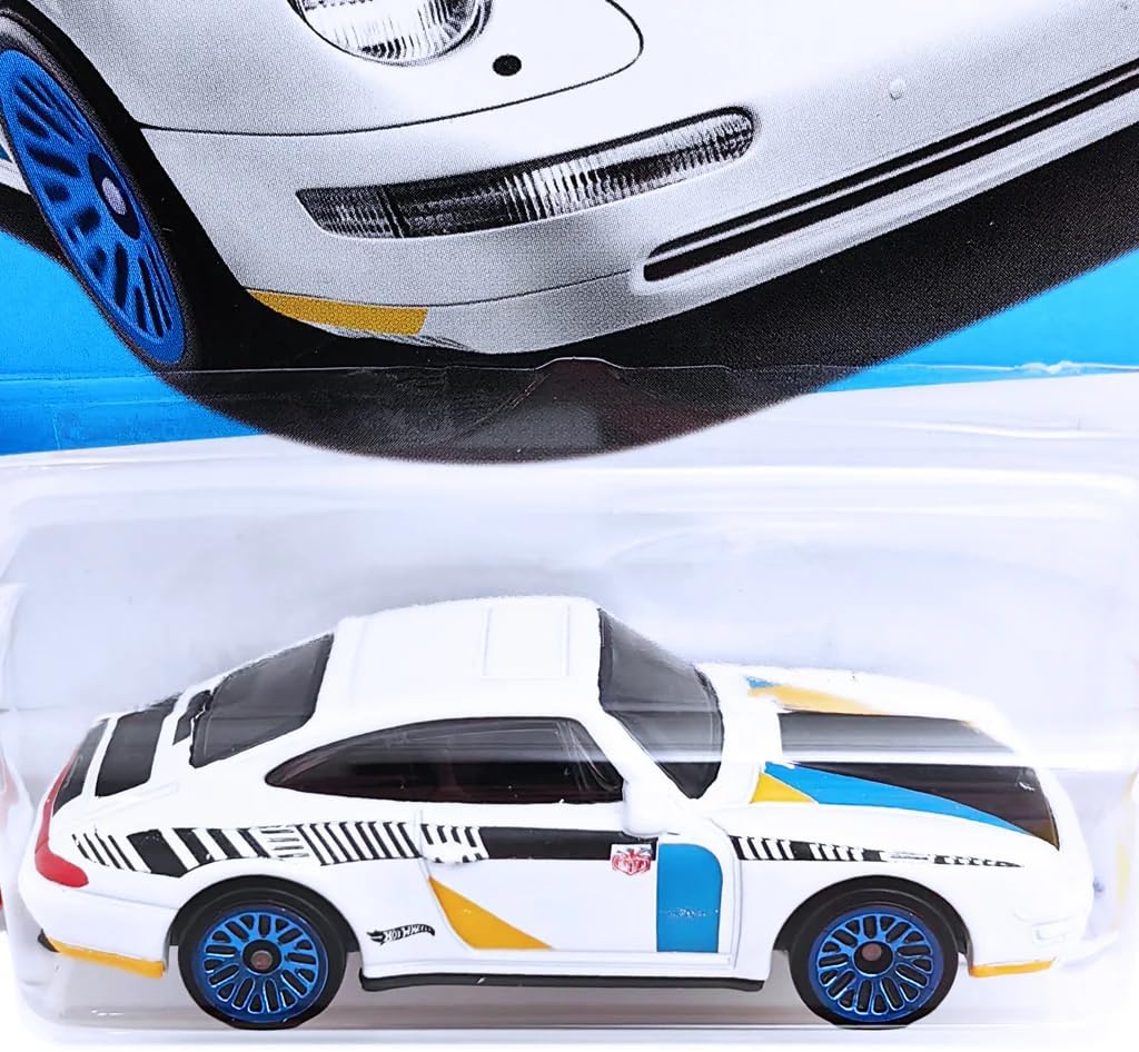 Close-up of the Hot Wheels '96 Porsche Carrera in packaging, highlighting the car's details.
