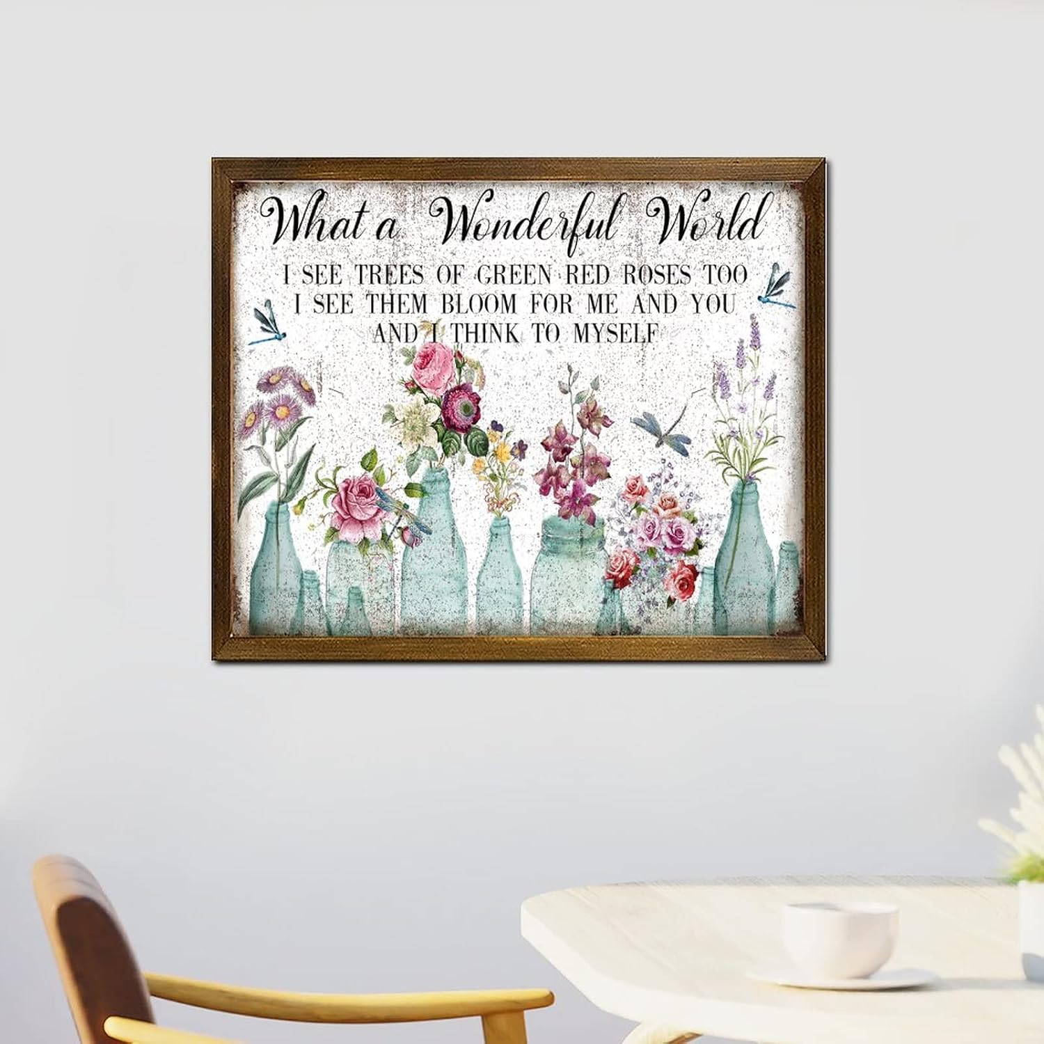 What A Wonderful World Wood Framed Signs Vintage Dragonfly Tulip Rose Flower Vase Hanging Wood Sign Farmhouse Summer Floral Wall Decor Farmhouse Rustic Wooden for Home Bedroom 16x20 Inch