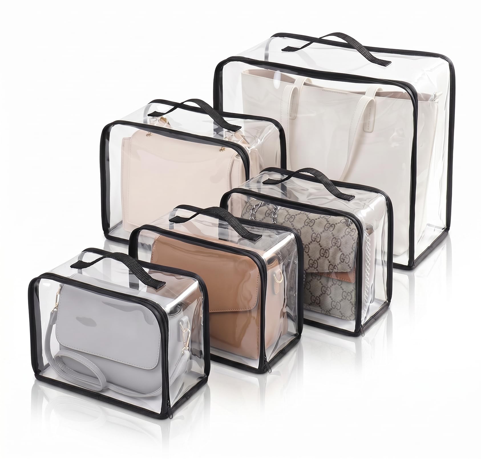 Bgtecho 5 Pack Dust Bags for Handbags, 5 Sizes Clear Dust Cover Bag, PVC Waterproof Clear Handbag Storage with Zipper and Handle for Closet, Purse Storage Organizer for Handbag