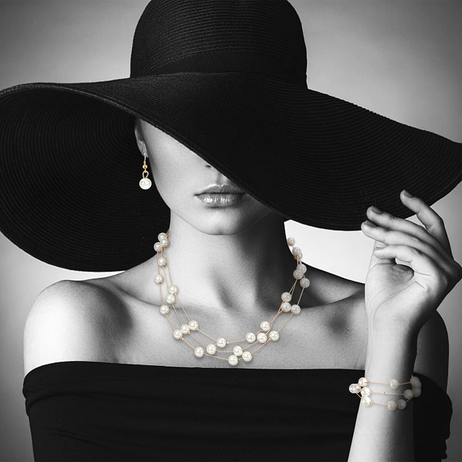 Layered Pearl Necklace Earring Bracelet Set Multi-Strand Bridal Choker White Pearl Necklace Pearl Earring for Women Beaded Jewelry for Wedding Party Accessories