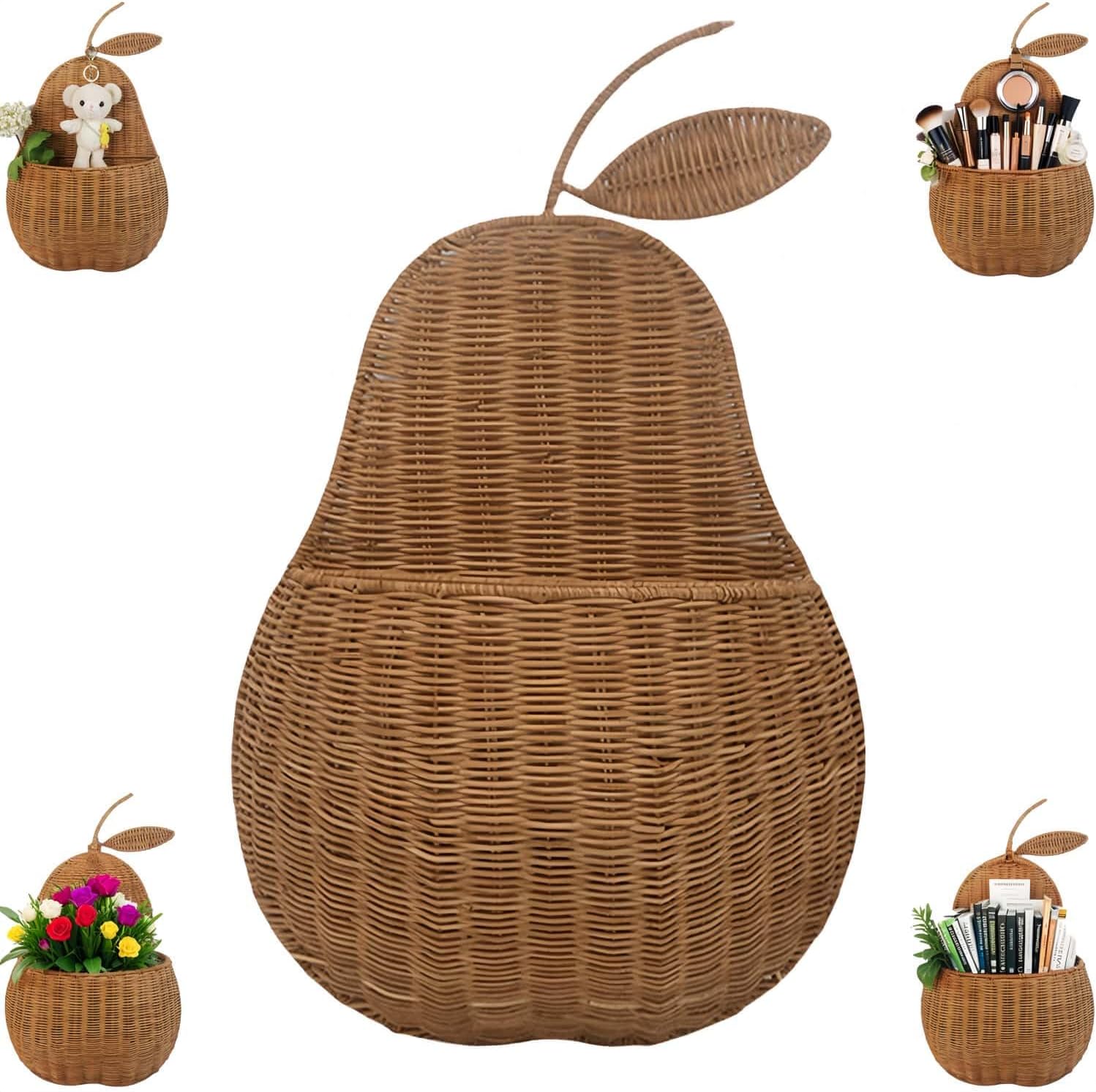Woven Hanging Wall Basket, Hand Woven Fruit Shaped Rattan Basket, Large Hanging Storage Basket Decor, Multifunctional Wicker Organizer for Kitchen,Bathroom,Front Door (Pear-Mocca)