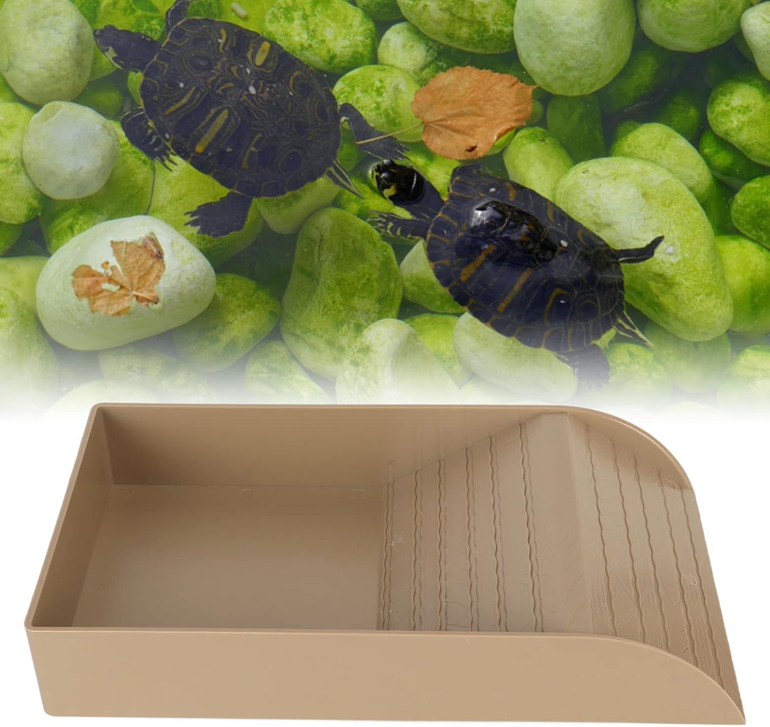 Zerodis Reptile Tortoise Turtle Feeding Dish, Reptile Food Dish with Ramp and Basking Turtle Food and Water Bowl Slip Also Fit for Bath Horned Frogs Lizards Amphibians (Wood