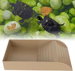 Reptile Tortoise Turtle Feeding Dish, Reptile Food Dish with Ramp and Basking Platform Turtle Food and Water Bowl Slip Resistant Also Fit for Bath Horned Frogs Lizards Amphibians (Wood Grain Color)