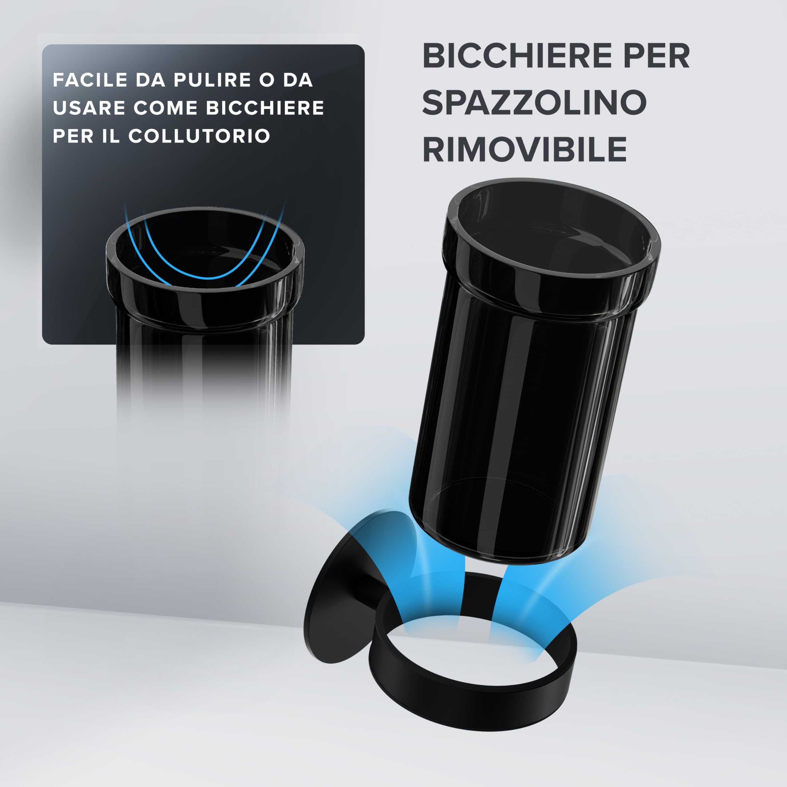 ovimar Engeloya Bicchiere per spazzolini da denti | nero | senza foratura | in vetro e acciaio inox per il bagno | con bicchiere estraibile e porta spazzolino da denti | da attaccare alla parete
