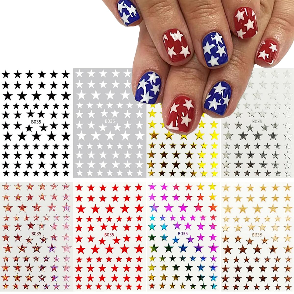Star Nail Art Stickers Decals 3D Self-Adhesive Shiny Star Nail Decals Gold Silver White Black Red Stars Nail Design Acrylic Nails Art Supplies for