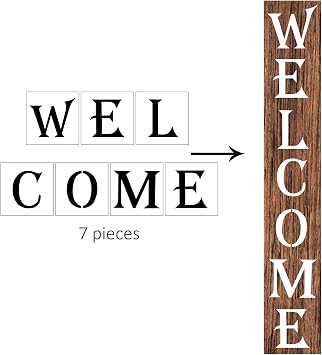AZDIY Welcome Stencil - استنسل حرف كبير لعلامة الشرفة، قابل لإعادة الاستخدام للرسم على الخشب، رسائل عملاقة للرسم بالليزر العمودي في الهواء الطلق للديكور المنزلي والأعمال اليدوية