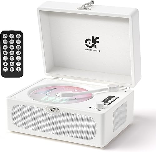 Reproductor de CD recargable con altavoces mejorados, entrada y salida Bluetooth, reproductor de CD vintage, caja de música portátil de cuero blanco