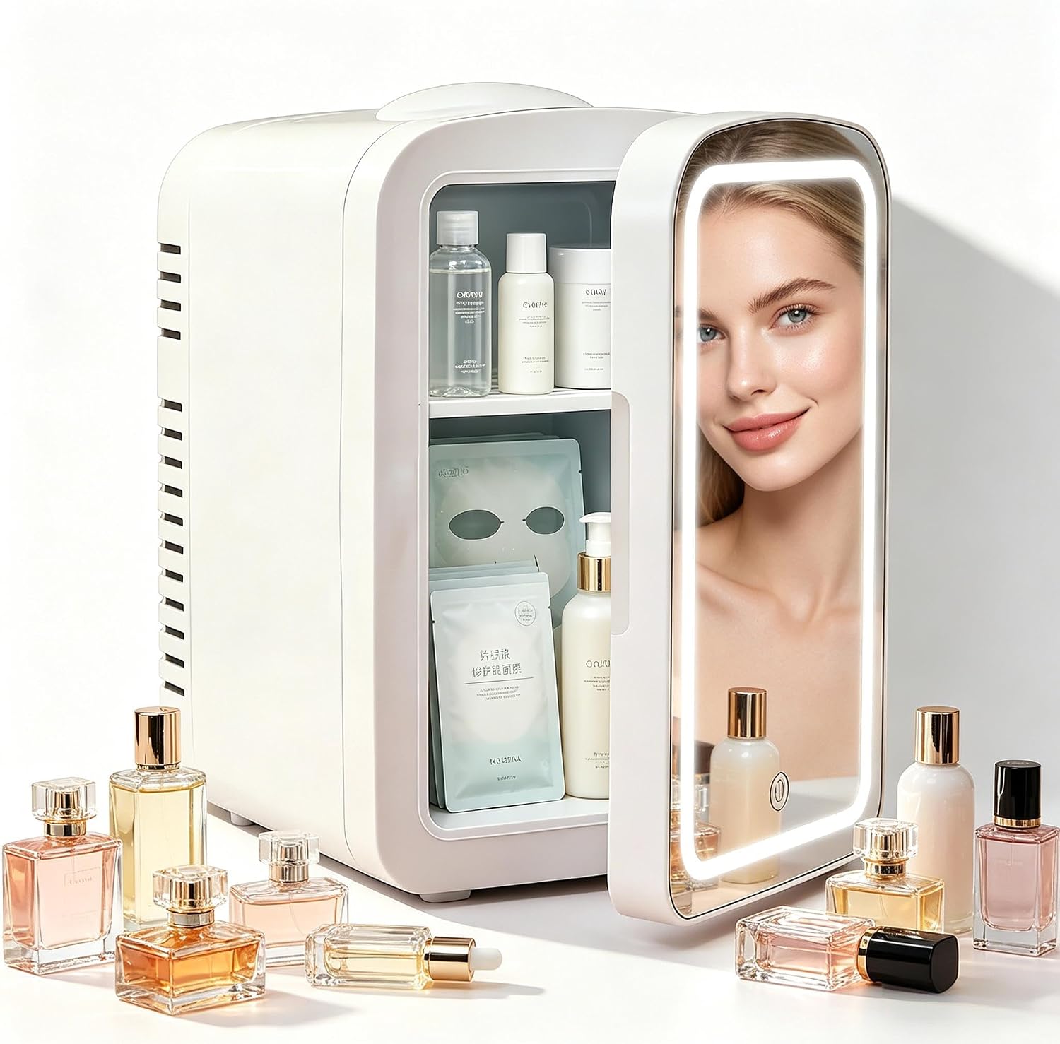 Lispin 4L Compact Personal Fridge with Adjustable LED Mirror, portable cold preservation unit for skincare and daily cosmetics. Lightweight for travel, car, office, bedroom and dorm everyday storage