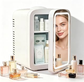 Lispin 4L Mini Skincare Refrigerator with Dimmable LED Mirror, Portable Beauty Refrigerator, Makeup Personal Fridge with Cooler for Bedroom, Office and Car (White-DL-4L-C)