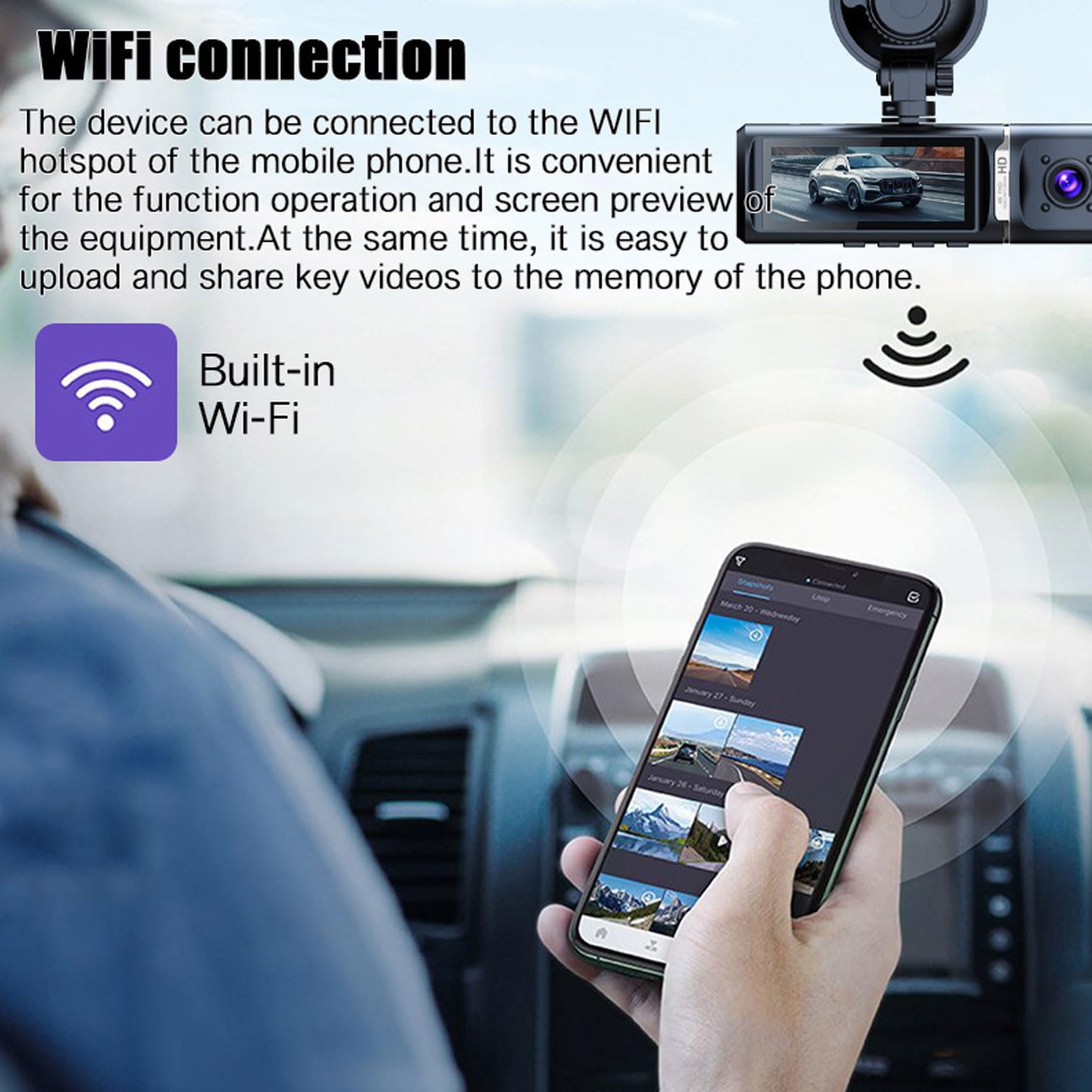 Zunate 3 -kanałowa Kamera na Desce Rozdzielczej, Przednia i Tylna Wewnętrzna Kamera Deski Rozdzielczej do Samochodów, Kamera Desakcyjna Wi -Fi z Czujnikiem G, Nagrywanie Pętli