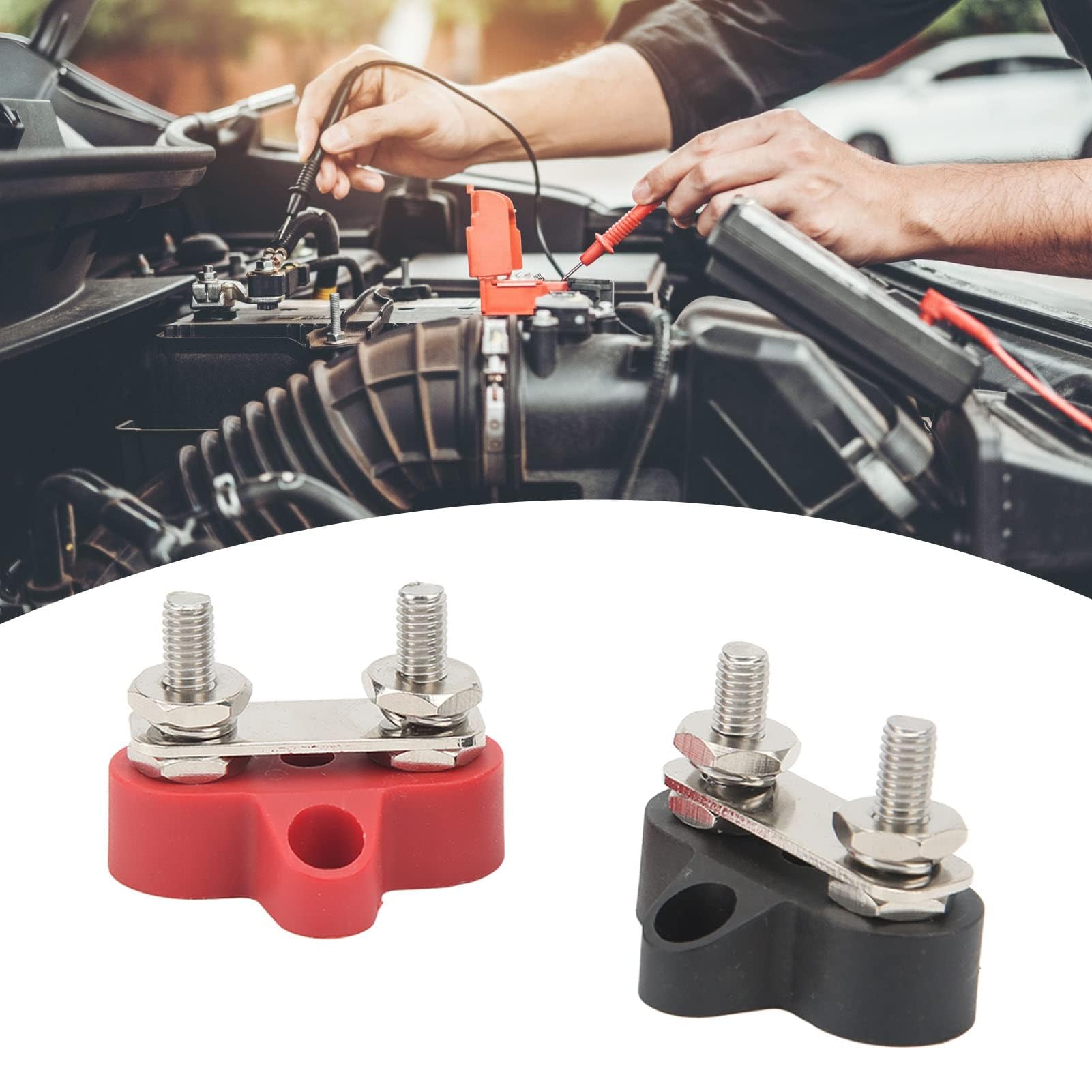 Bornier Double M8 Pour Batterie - Connecteur Alimentation 12V-48V - Idéal Voiture, Camping-Car, Bateau - Noir Et Rouge