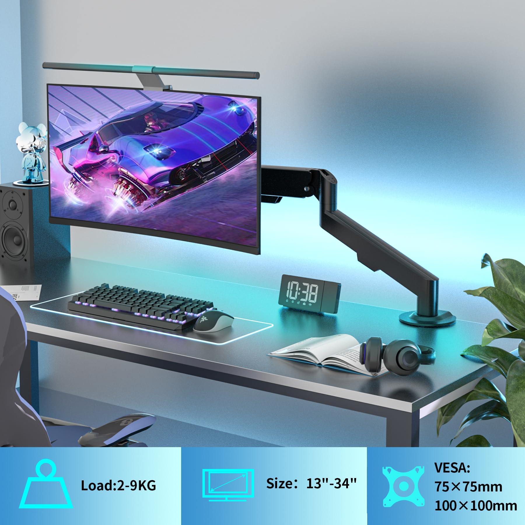 Support Écran PC Moniteur Bras Simple de 17 à 34 Pouces Ergonomique Ressort à Gaz Réglable Fixation Bureau Rotatif à 360° Capacité de Charge 2-9 kg VESA 75x75mm et 100x100mm M5B Noir