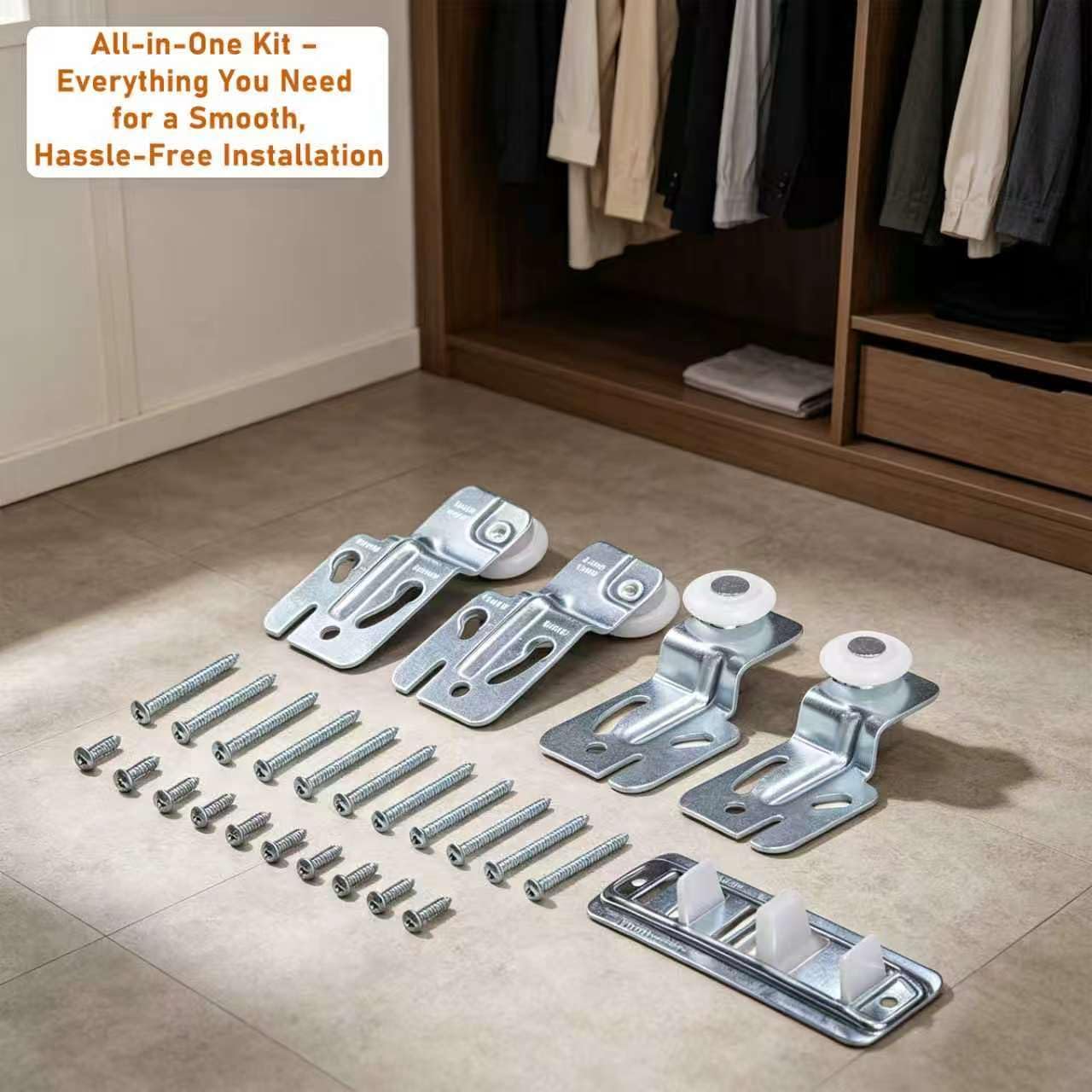 BoAn 5 Pcs Sliding Closet Door Roller Kit with Track, Wardrobe Door Rollers Replacement, Silent Nylon Wheels, Top Hung Sliding Door Hardware Set, Easy Install with Spare Screws