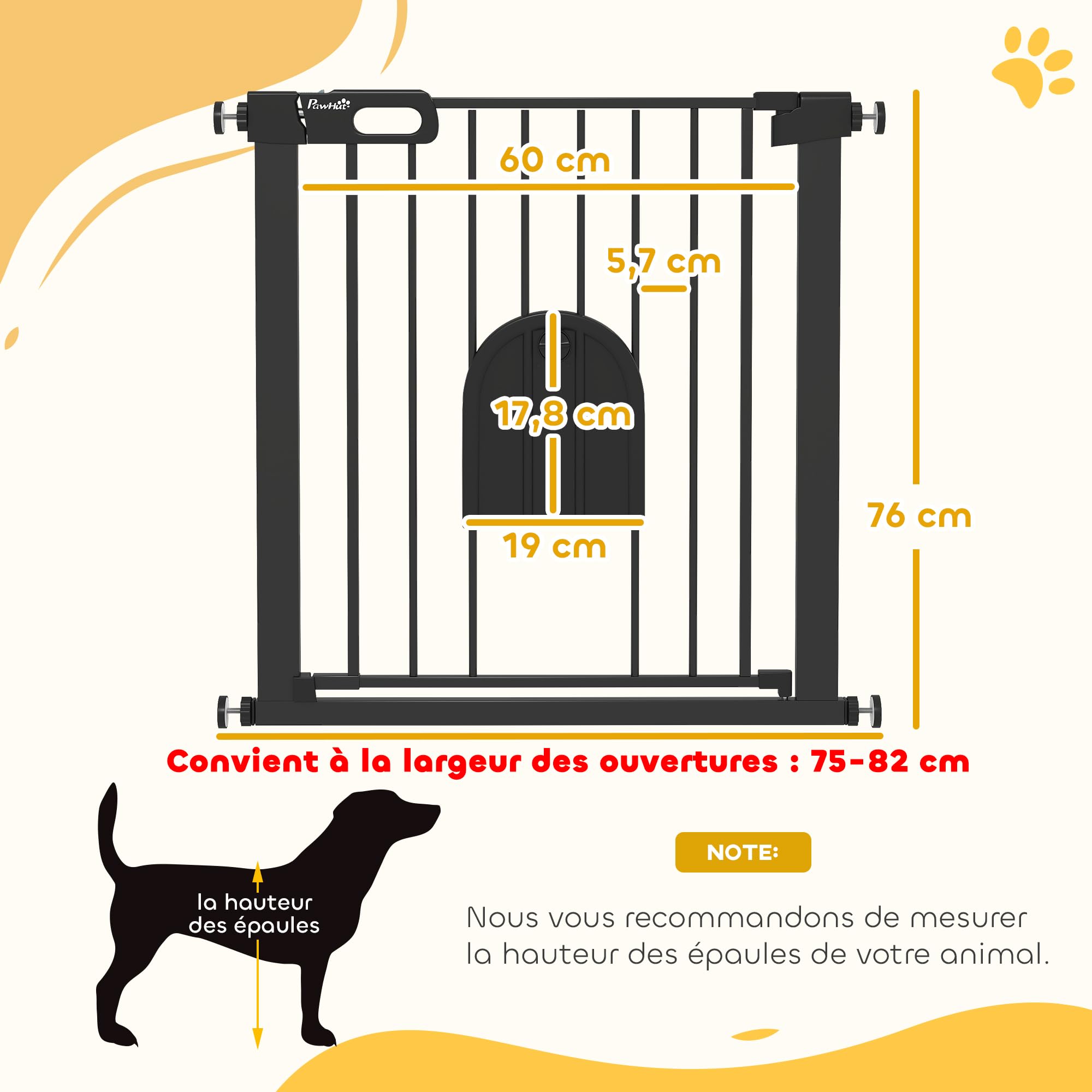 PawHut Barrière de sécurité Animaux de 76H cm barrière Chien Chat avec Porte Fermeture Automatique système de Double Verrouillage Fixation par Pression de 75 à 82 cm Acier et ABS Noir