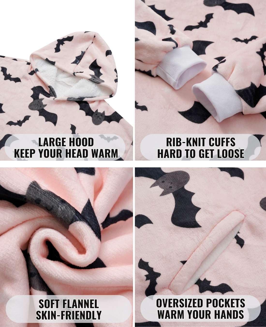 Bat Gifts for Bat Lovers, Halloween Gifts, Wearable Flannel Blanket Hoodie, Super Soft Warm Cozy with Two Large Pocket, One Size Fits Most