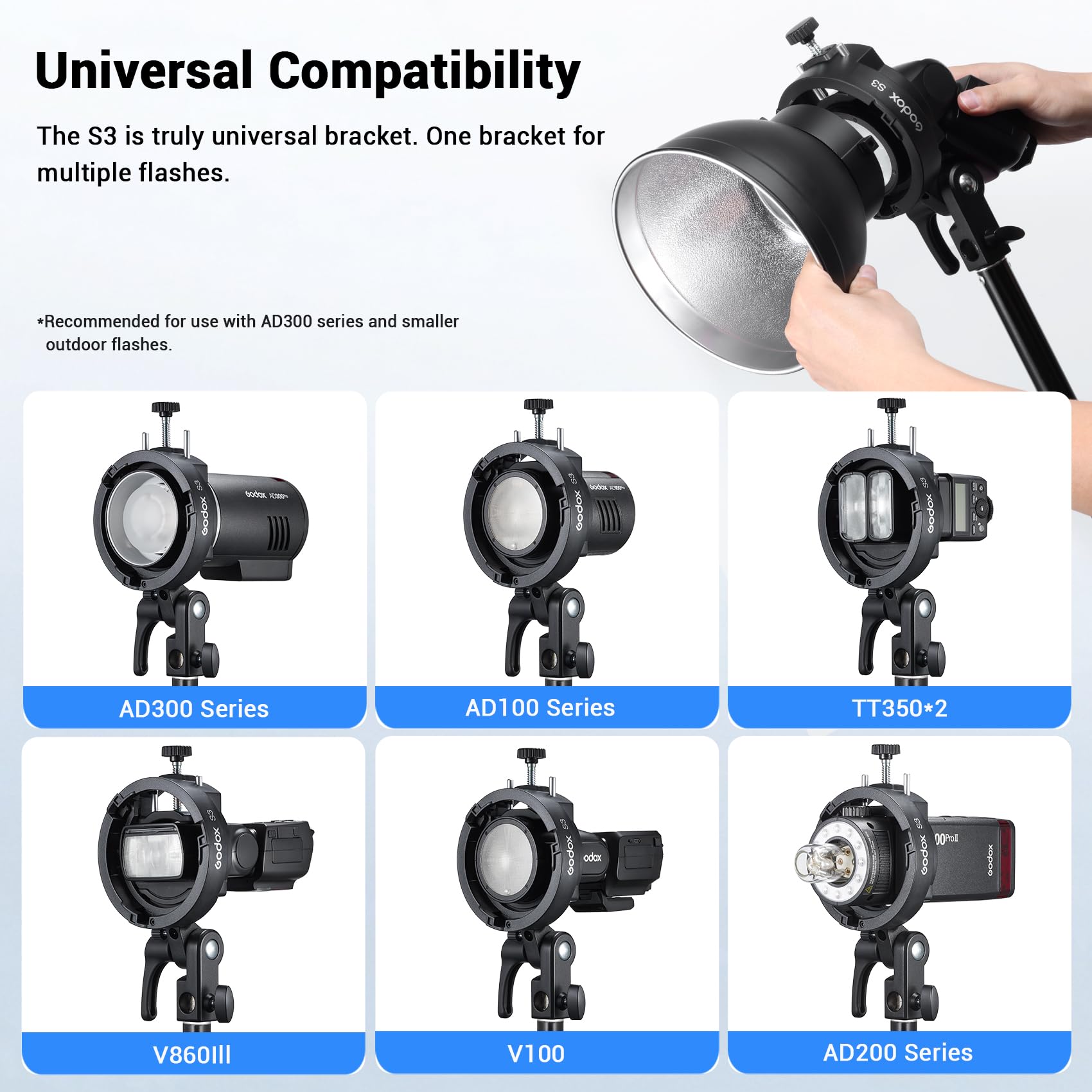Godox S3 Support de Flash Bowen Mount S-Type pour Flashs Godox V1PRO,V100,V860III,TT350,AD100,AD200,AD200Pro et AD300 Speedlite