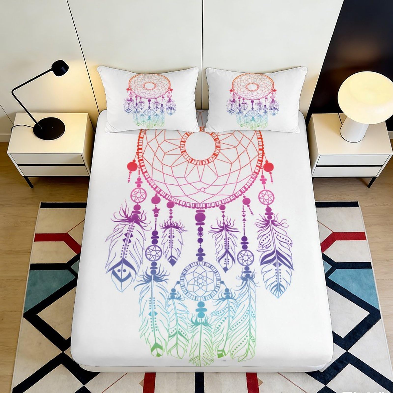 3D Printed Dreamcatcher Rainbow Fitted Sheet Microfiber Soft Decorative Feather Boho Bed Cover for Bedroom Guest Room 90x200x25cm