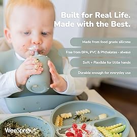 WeeSprout Silicone Baby Cups With Straws and Lids, 4 & 8 oz Options, Set of 2, Food Grade Toddler Training Container, Built In Straw Stoppers, Measurement Markings, Dishwasher Safe + Straw Cleaner