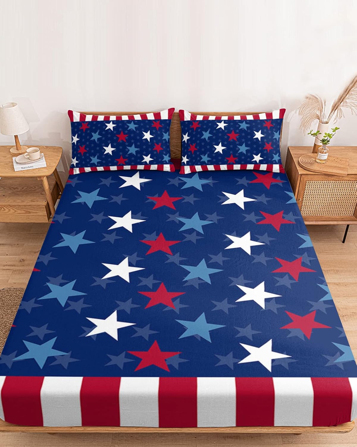 Independence Day Fitted Bed Sheet Set for Queen Size Fits Mattress Upto 16Inch, USA Patriotic Star Soft Microfiber Deep Pocket Bedsheet with 2 Pillow Shams Hotel/Bedroom Decor Blue Red White Stars