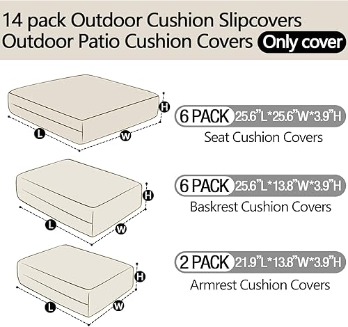 Miniatura 53 de Juego de 14 fundas de cojín de repuesto para patio al aire libre, a prueba de salpicaduras, con cremalleras, solo funda protectora para muebles