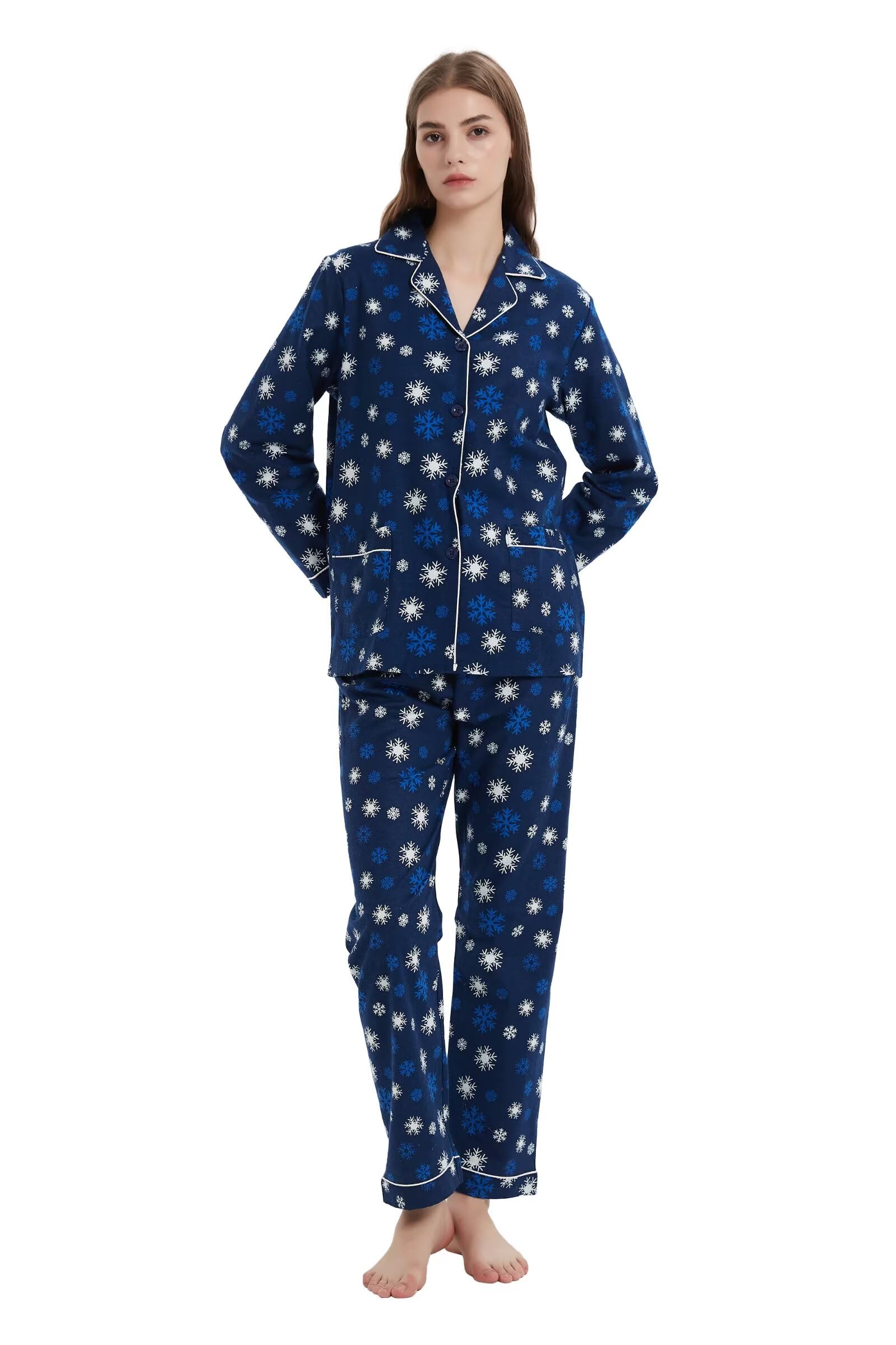 GLOBAL Women's Flannel Pajamas Set 100% Cotton PJs for Women Long Sleeve Button Drawstring Waist Warm Loungewear Sleepwear