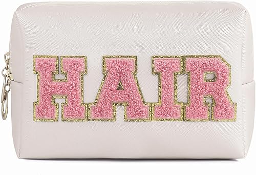 Bolsa de maquillaje de piel sintética con cremallera, bonitos parches de letras de chenilla, bolsa de aseo de viaje rosa para mujeres y niñas,