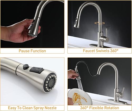 Miniatura 3 de Grifos de fregadero de cocina de níquel cepillado con rociador extraíble, grifo de cocina de arco alto de una sola manija con placa de cubierta,