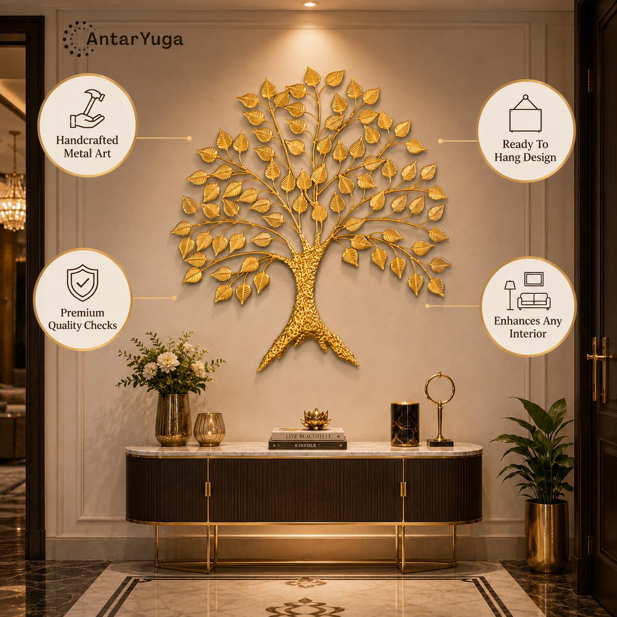 Home & Bazaar Tree of Life Metal Wall Art, Handcrafted Gold Iron Peepal Tree Wall Hanging for Living Room, Bedroom, Office & Entryway, Decorative Wall Decor, 30 x 2 x 27 Inch (76.2 x 5 x 68.6 Cm) 3