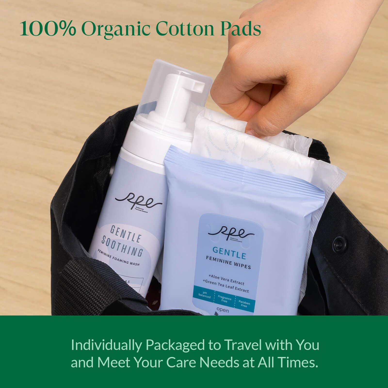Feminine Care Bundle, Period Essentials 100% Organic Cotton Pads for Women, Size 2,3,5 Sanitary Napkins 124 Ct, Flushable Gentle Feminine Wet Wipes, Plant-Based Soothing Feminine Wash