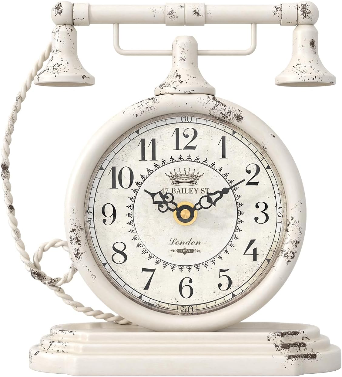White Vintage Table Clock, Antique Telephone Style Mantel Clocks, Desk and Shelf Decor Clock, for Living Room, Farmhouse, Bedside, Bedroom, Gift (7.3" H x 7.3" W)