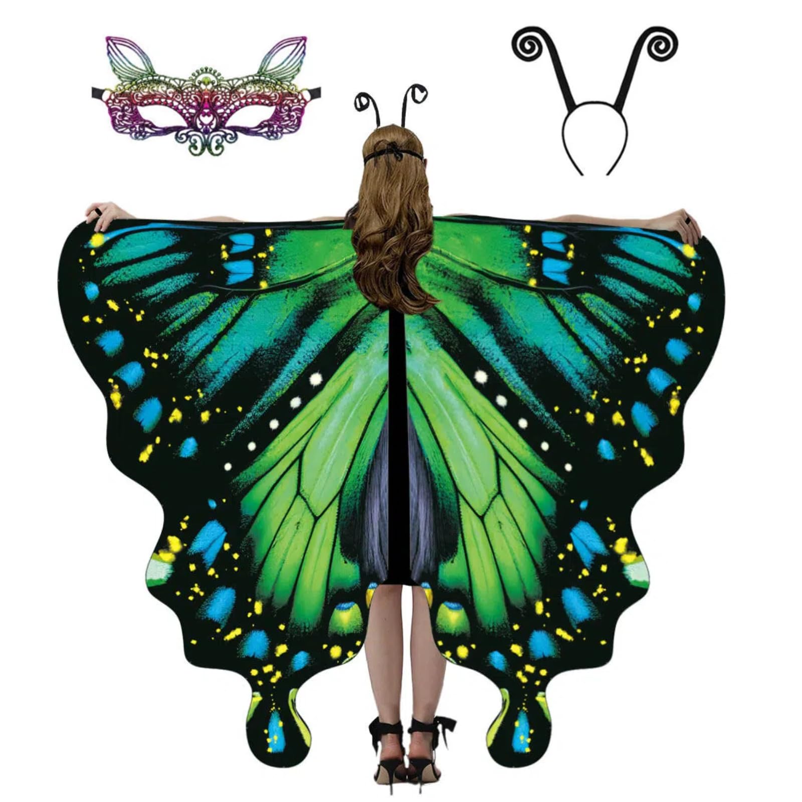 WhiteUniQoon Butterfly Costume for Women, Adult Butterfly Wings Halloween Party Costume with Lace Mask and Antenna Headband 006