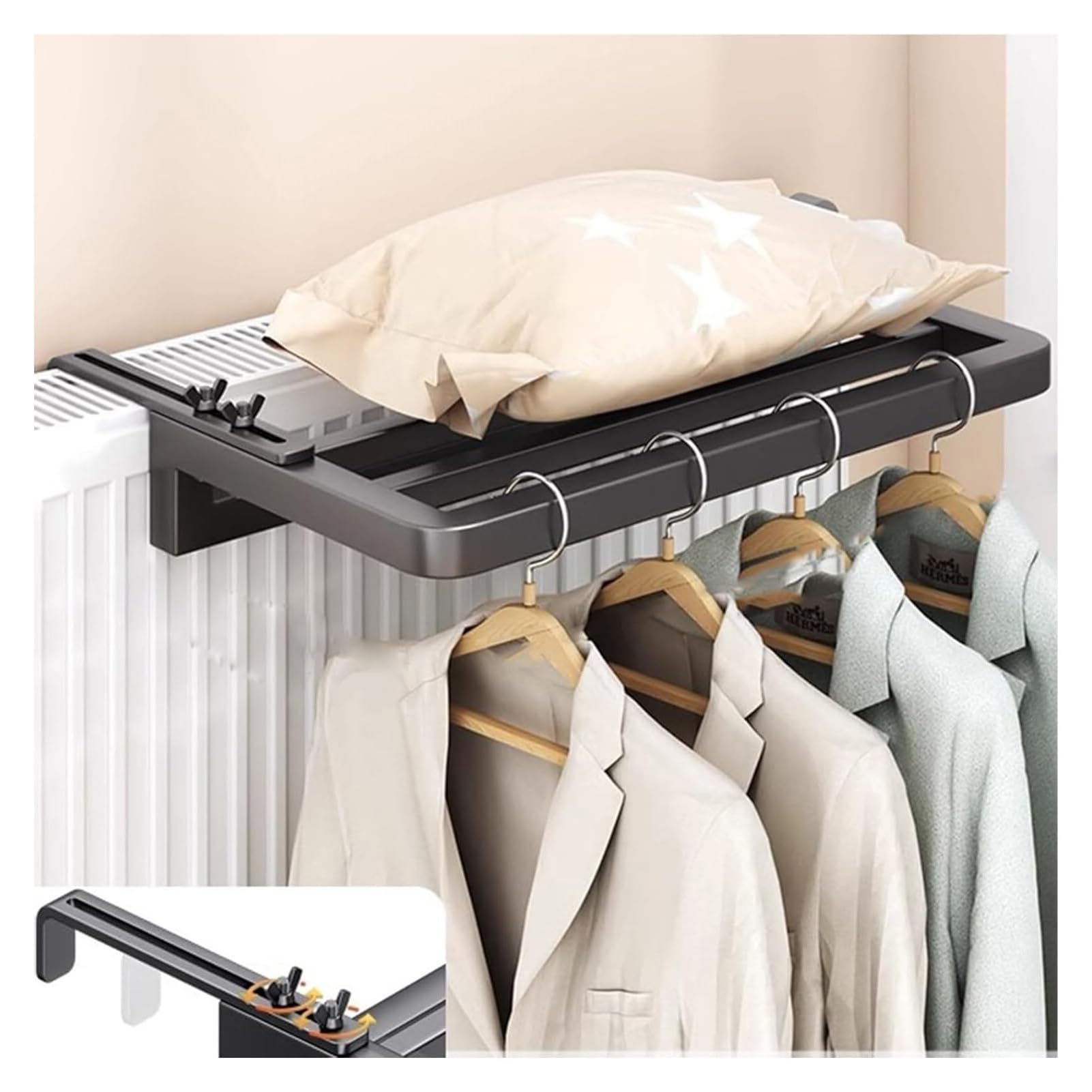 Verstellbarer Wäscheständer mit 3 Stangen, zum Trocknen von Kleidung über dem Heizkörper, Schwarz (80 cm), geeignet für Heizstärken von 1 bis 16 cm, platzsparendes Design, einfache Installation