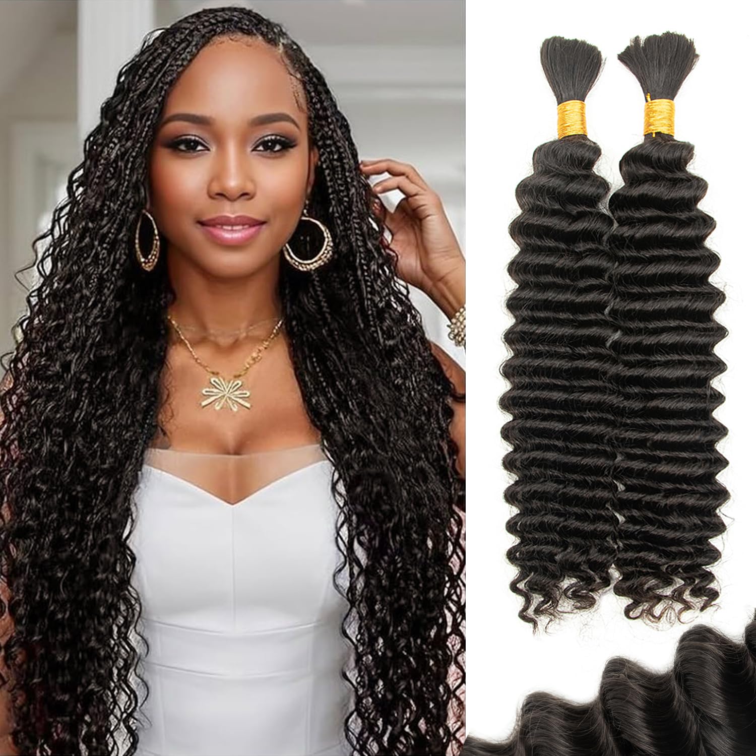 16 Inch Water Wave Braiding Hair 100g 2 Bundles No Weft Bohemian Curly Hair for Knotless Braids Brazilian Virgin Hair Natural Black (16In,1B)