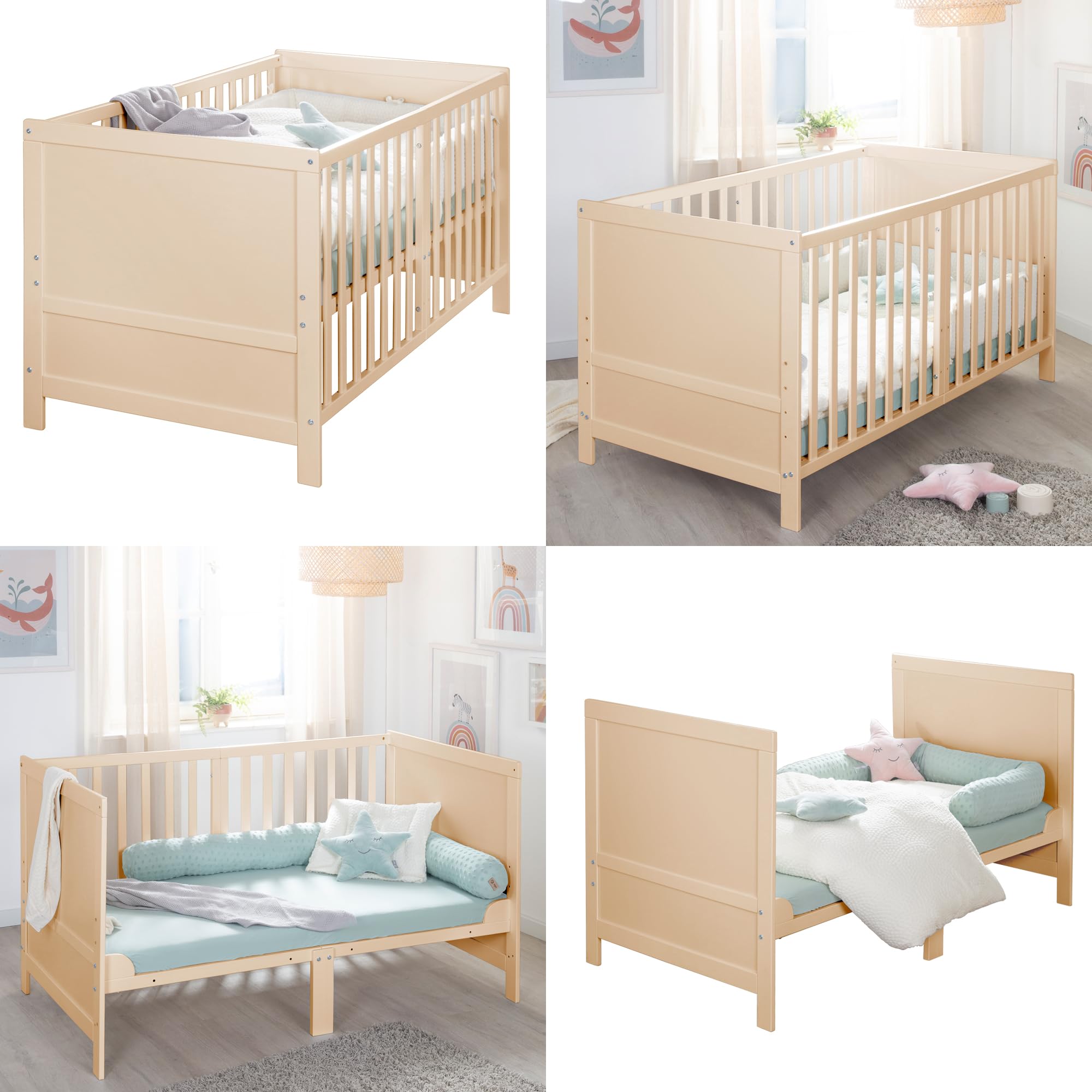 roba łóżeczko dziecięce EASY SLEEP 70 x 140 cm w zestawie z elementami do przebudowy - rosnące łóżeczko ze szczebelkami, 3-stopniowa regulacja wysokości - 3 wyjmowane szczebelki - drewno naturalne
